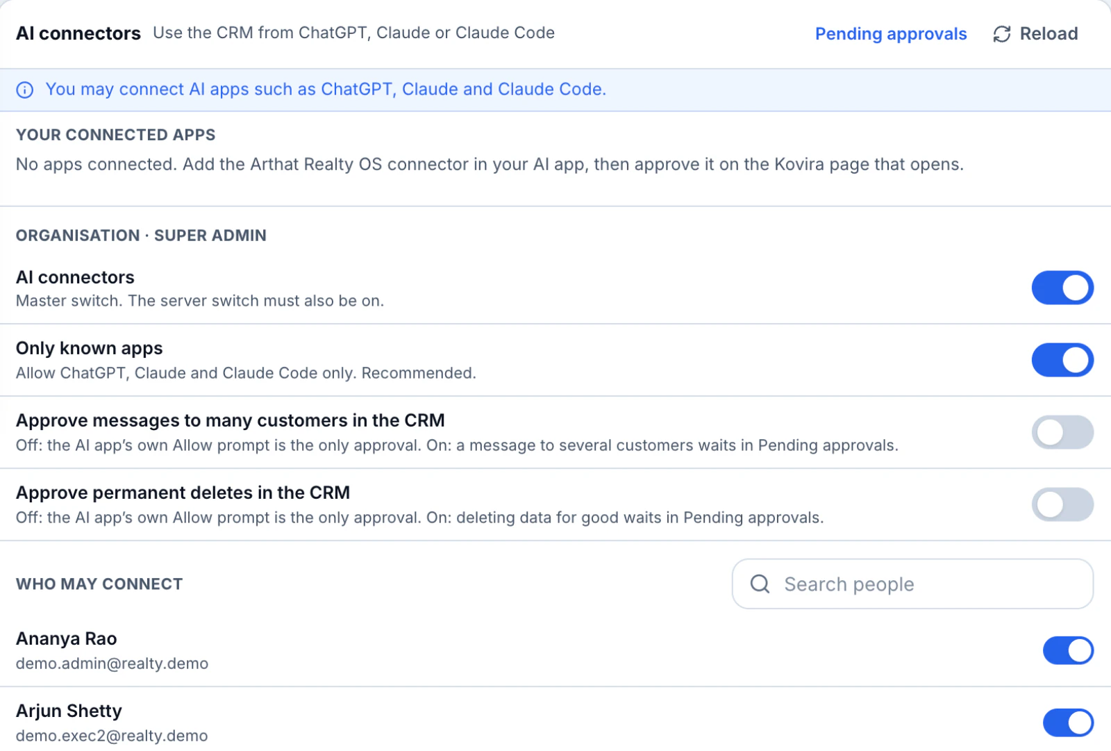 AI connector settings for Claude and other AI apps