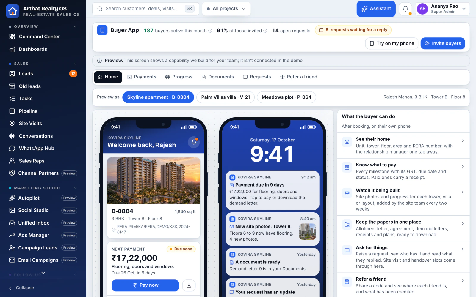 The buyer's app with unit details, payments and construction progress
