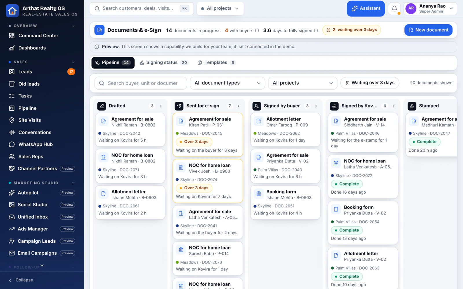 Documents and e-Sign with signing status per buyer