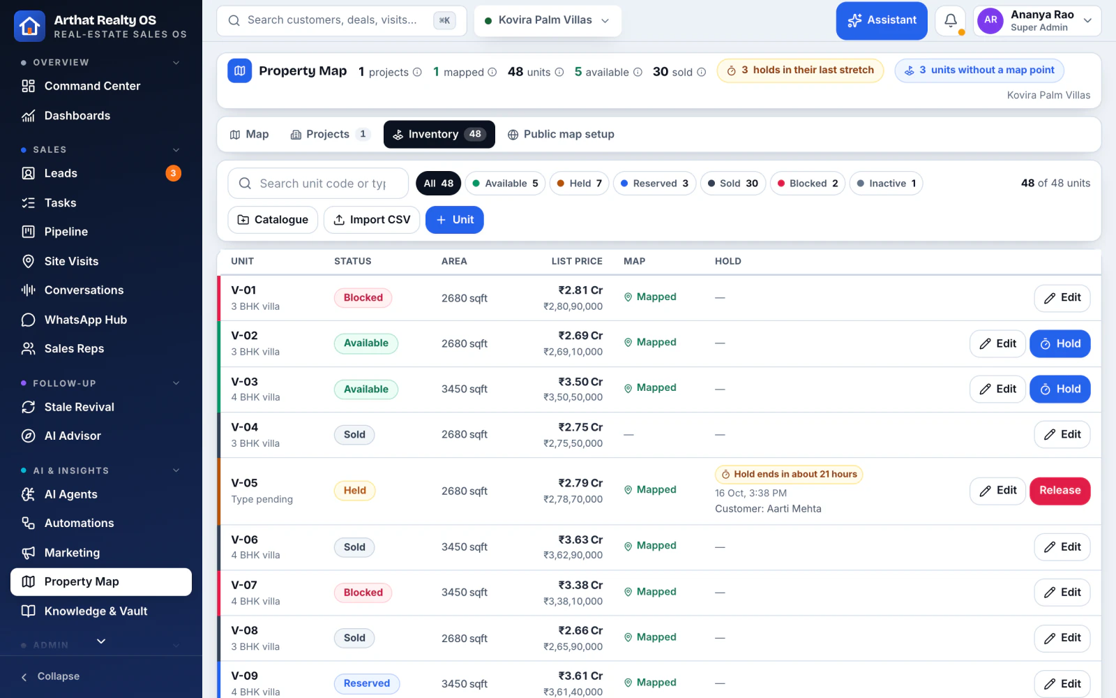 Inventory of towers, villas and plots with live unit status