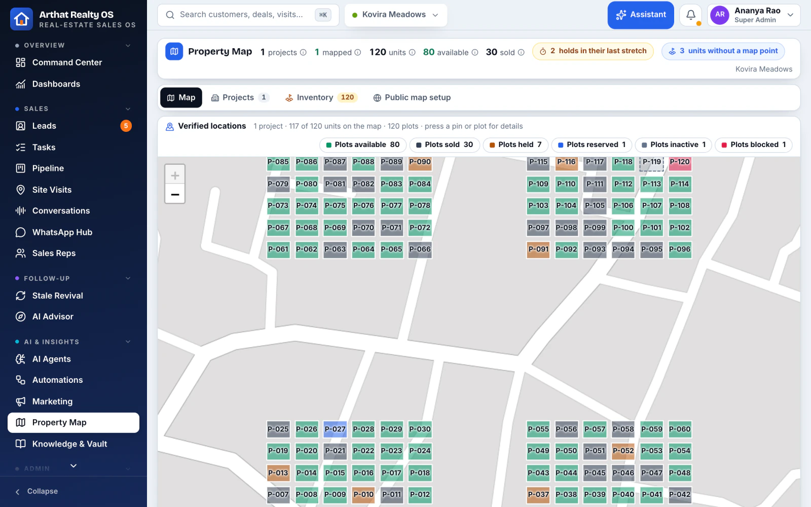 Property map of a plotted project with each plot coloured by status
