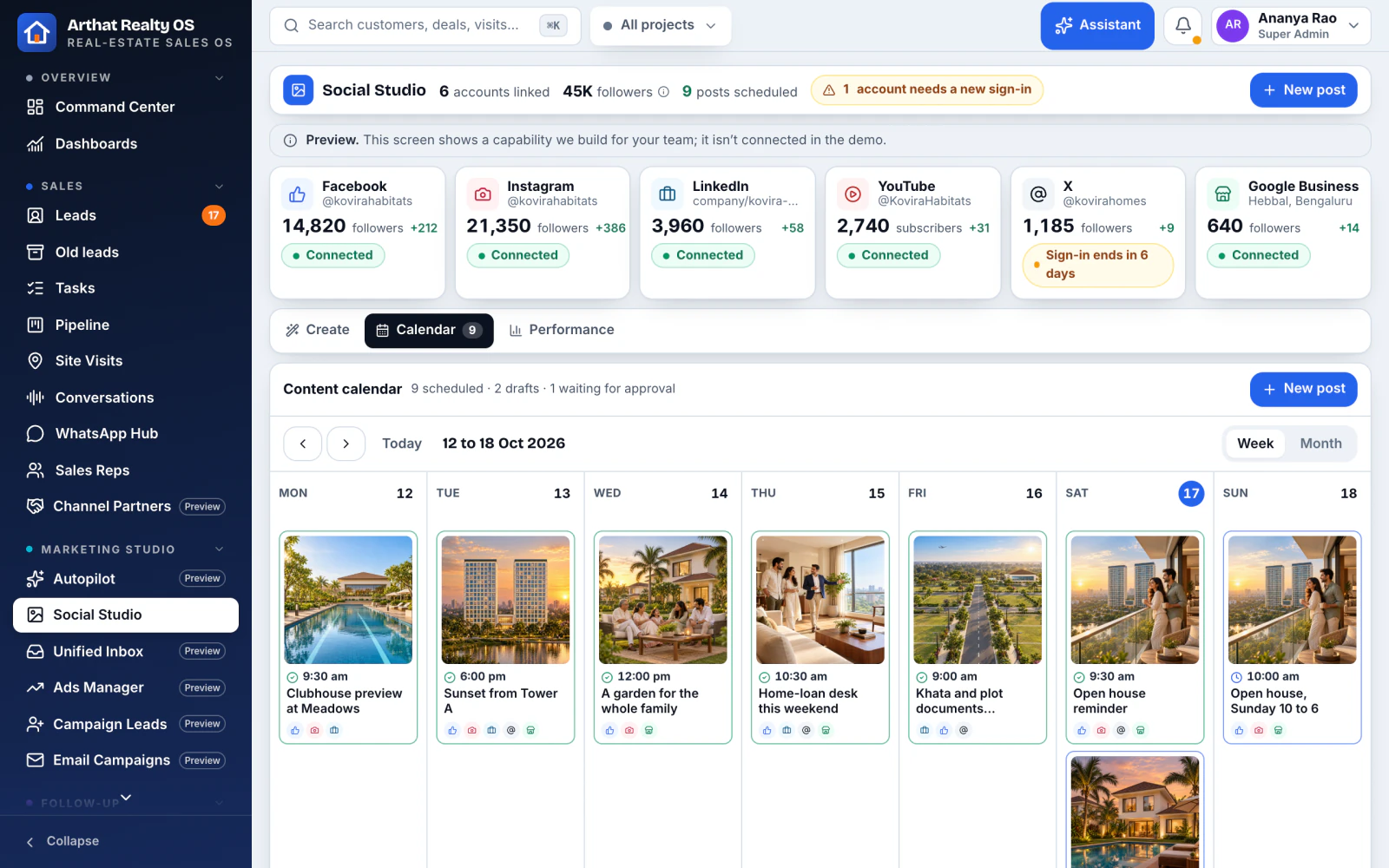Social Studio with AI-written posts and a publishing calendar
