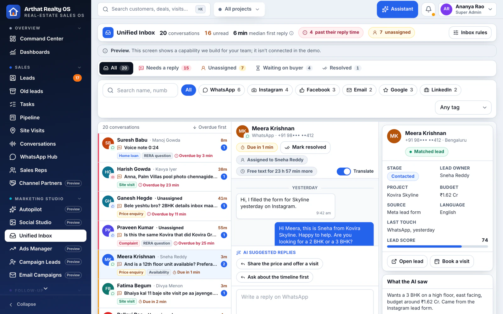Unified Inbox with messages from social channels matched to leads