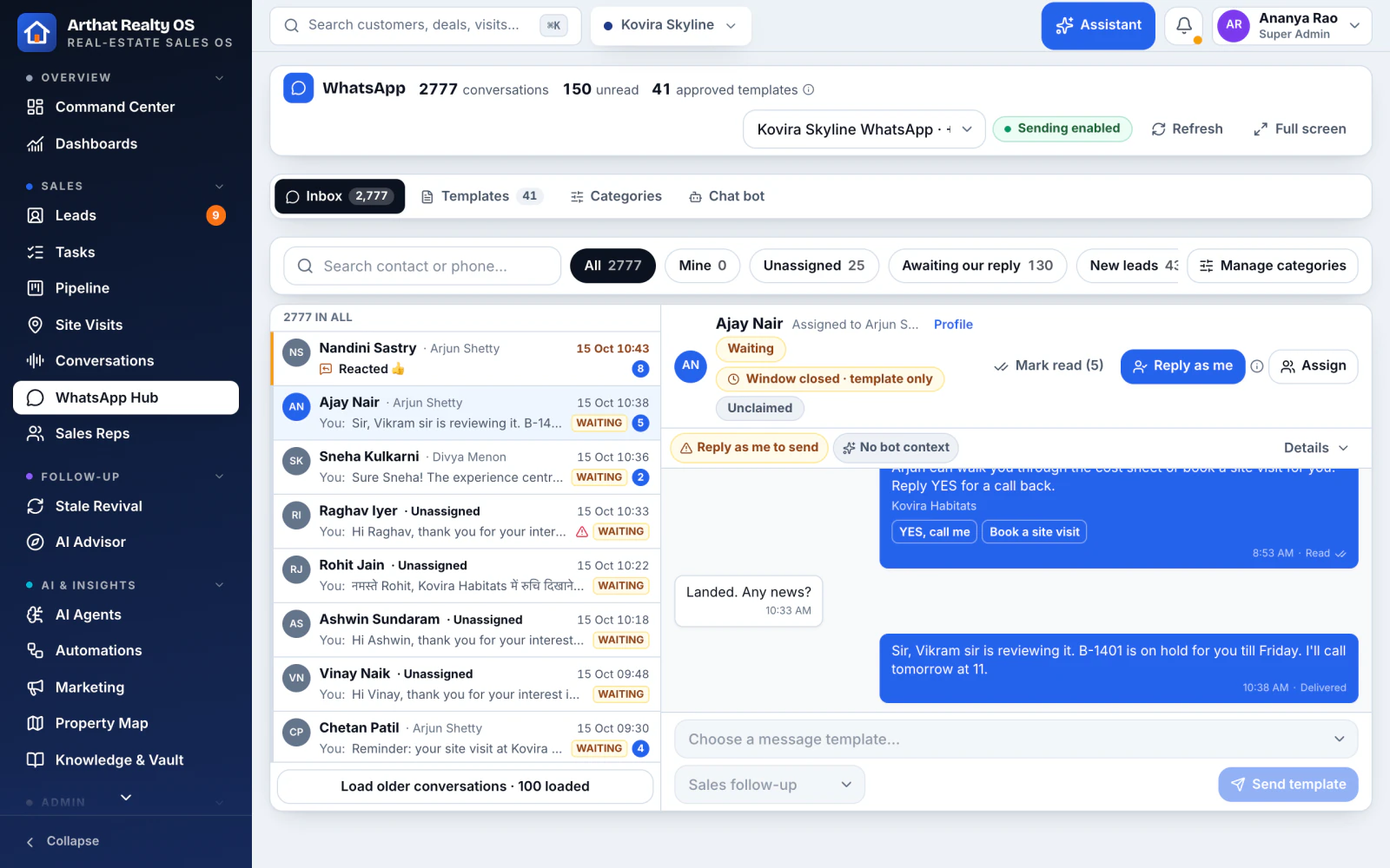 WhatsApp hub with a buyer conversation and approved templates